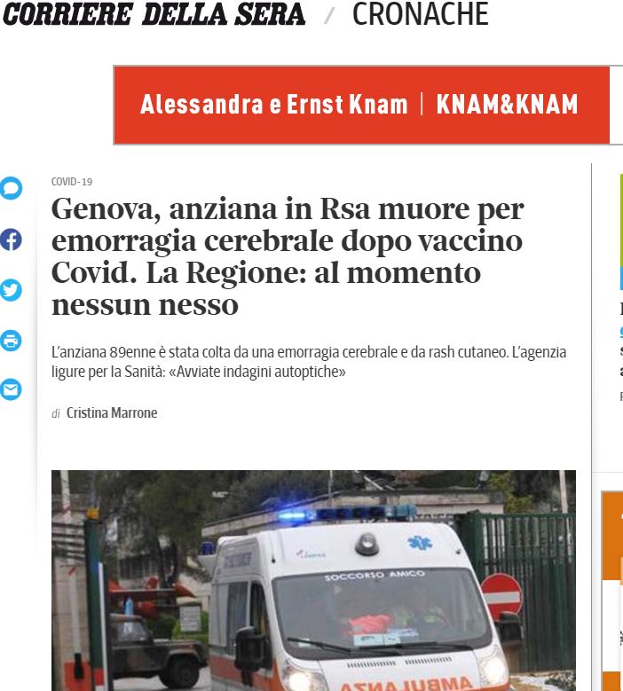 Άλλοι 2 θάνατοι ηλικιωμένων γυναικών μετά τον εμβολιασμό με Pfizer σε Γηροκομεία: 1 ηλικιωμένη πέθανε την επομένη στην Ιταλία και 1 στη Σλοβενία αμέσως μετά το εμβόλιο…