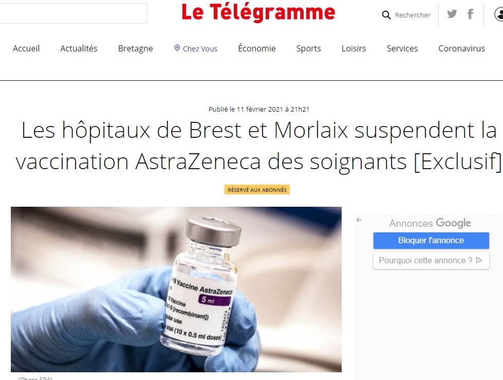 Γαλλία: Τα νοσοκομεία σε Brest και Morlaix αναστέλλουν τον εμβολιασμό των υγειονομικών με AstraZeneca καθώς αρκετοί εμφάνισαν ανεπιθύμητες παρενέργειες.