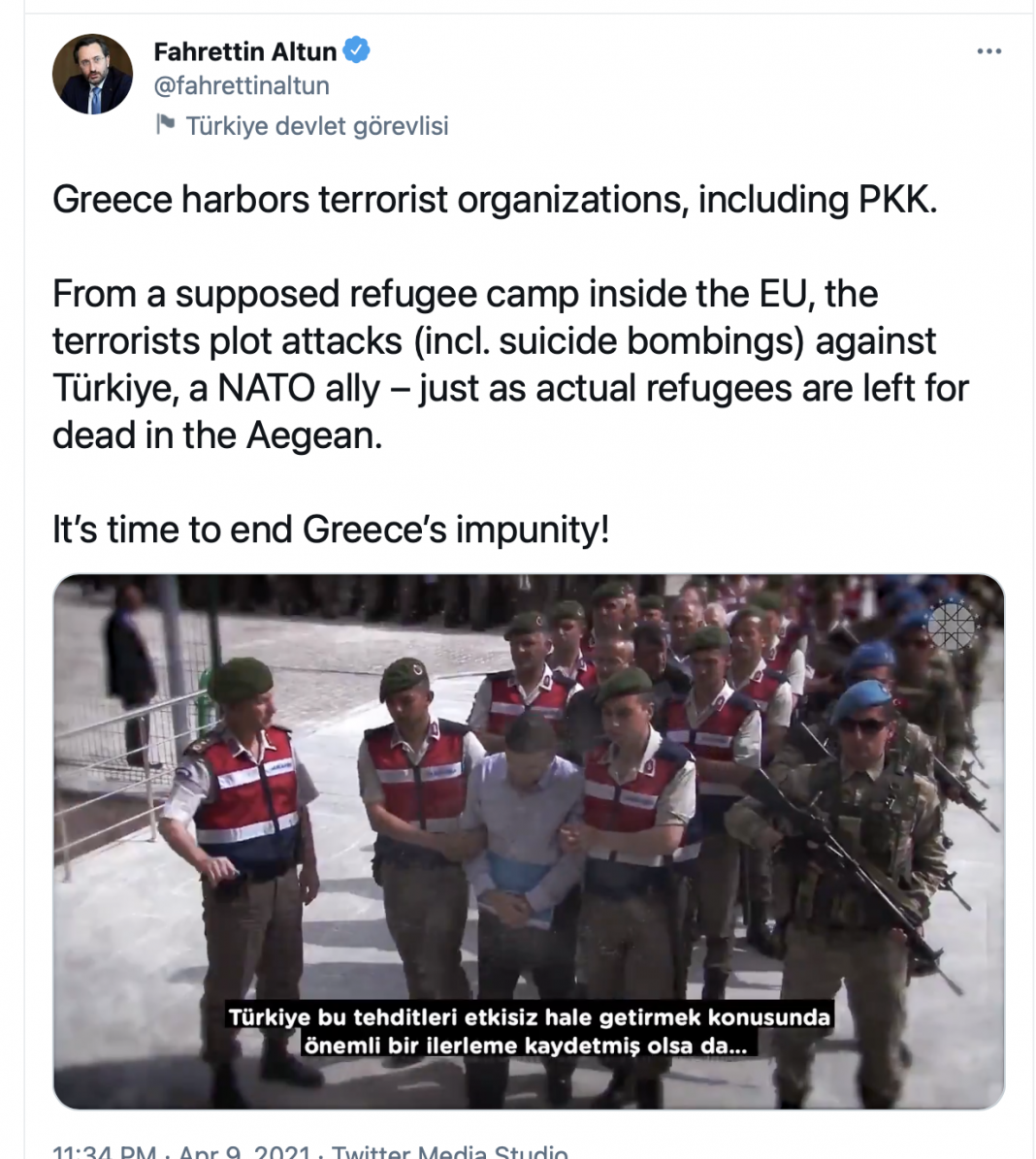“Δεξί χέρι” του Ερντογάν κατηγορεί την Ελλάδα για “υπόθαλψη τρομοκρατών” και “νεκρούς στο Αιγαίο!