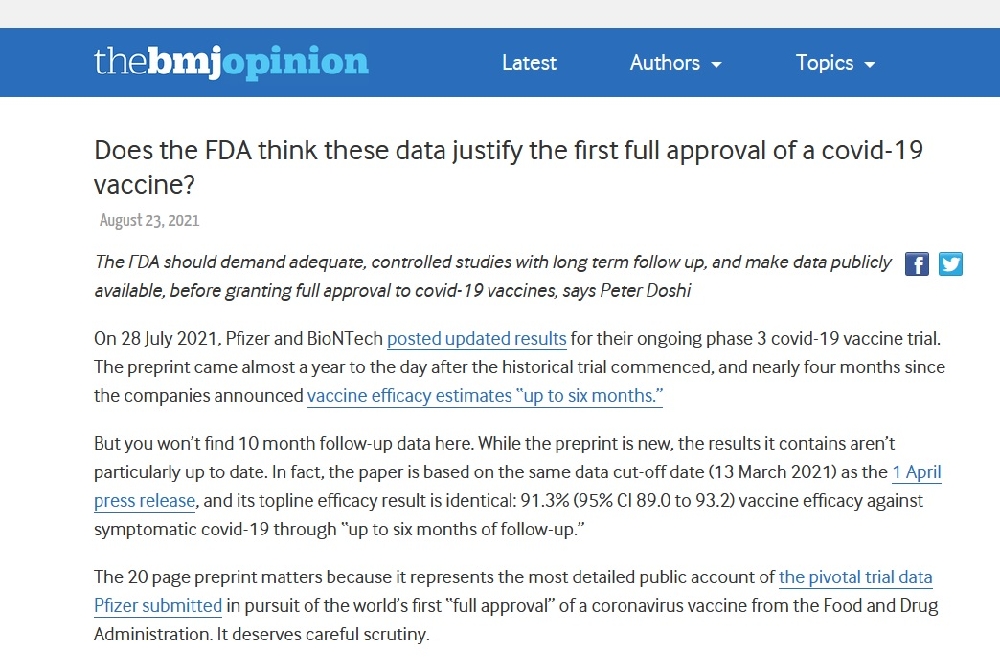 BMJ: Πιστεύει ο FDA ότι αυτά τα δεδομένα αρκούν για να δικαιολογηθεί η πλήρης έγκριση ενός εμβολίου για covid-19;