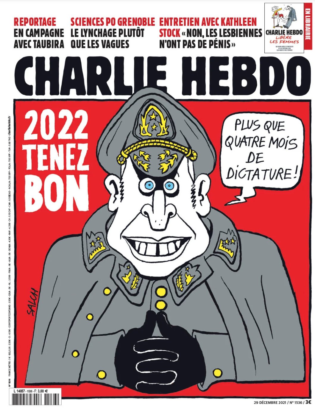 Το Charlie Hebdo, εμφανίζει τον Μακρόν ως δικτάτορα με λεζάντα « 2022 Κρατάτε καλά. Ακόμη 4 μήνες δικτατορία»!