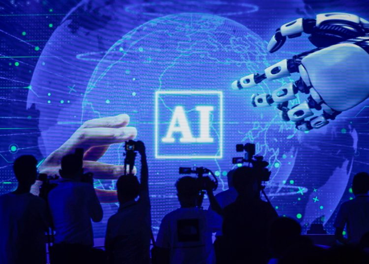 epa10752824 People attend the launch event of the first commercial application of artificial intelligence for the mining industry in Jinan, Shandong province, China, 18 July 2023. Shandong Energy, Huawei, and Yunding Technology jointly launched the Pangu Mine Model, the first commercial application of artificial intelligence for the mining industry. The AI model is capable of visual recognition capabilities, analyzing the quality of stress relief drilling, and can assist in rock burst prevention personnel in quality verification, reducing the review workload by 82 percent, shortening the check to 10 minutes from three days with 100 percent acceptance rate. EPA/MARK R. CRISTINO