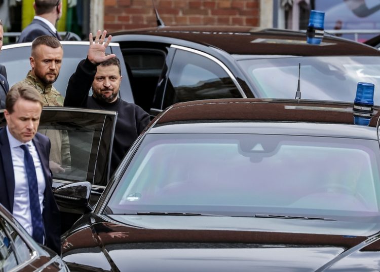 epa10628000 Ukrainian President Volodymyr Zelensky (R) leaves after the Charlemagne Prize (Karlspreis) ceremony in the town hall of Aachen, Germany, 14 May 2023. This year's prize is awarded to Ukraine's President Volodymyr Zelensky and the Ukrainian people. The International Charlemagne Prize of Aachen has been awarded annually since 1950 to people who have contributed to the ideals upon which Europe has been founded. EPA/JULIEN WARNAND