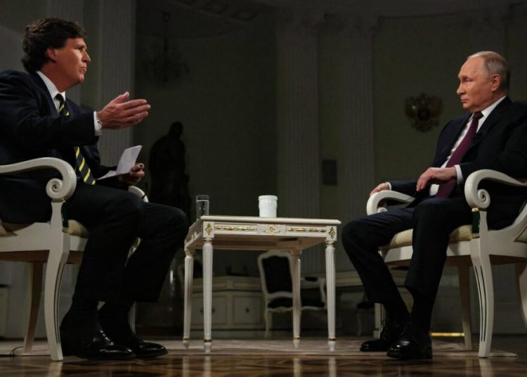 Russia s President Vladimir Putin gives an interview to US talk show host Tucker Carlson at the Kremlin in Moscow Russia s President Vladimir Putin gives an interview to US talk show host Tucker Carlson at the Kremlin in Moscow on February 6, 2024. Photo by President of Russia Office apaimages. Russia Russia Russian Federation 090224_Russia_RPO_0020 Copyright: xapaimagesxPresidentxofxRussiaxOfficexxapaimagesxNo Use Switzerland. No Use Germany. No Use Japan. No Use Austria