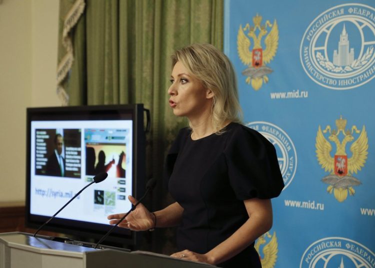 epa04965940 Russian Foreign Ministry spokesperson Maria Zakharova speaks during a special news briefing in Moscow, Russia, 06 October 2015. According to Maria Zakharova, Russia denies plans to carry out ground operation in Syria, and volunteers will not be encouraged by Russian officials to take part in the war. EPA/MAXIM SHIPENKOV