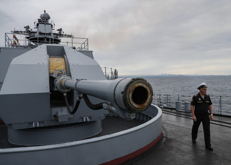 epa10160974 Russian Navy sailor on the large anti-submarine ship Marshal Shaposhnikov attends the Vostok 2022 strategic command and staff exercise in the Peter the Great Gulf of the Sea of Japan, near Vladivostok, Russia, 05 September 2022. The Vostok 2022 strategic command and staff exercise will take place from 01 to 07 September 2022 and will involve over 50,000 servicemen and more than 5,000 units of weapons and military equipment. EPA/YURI KOCHETKOV