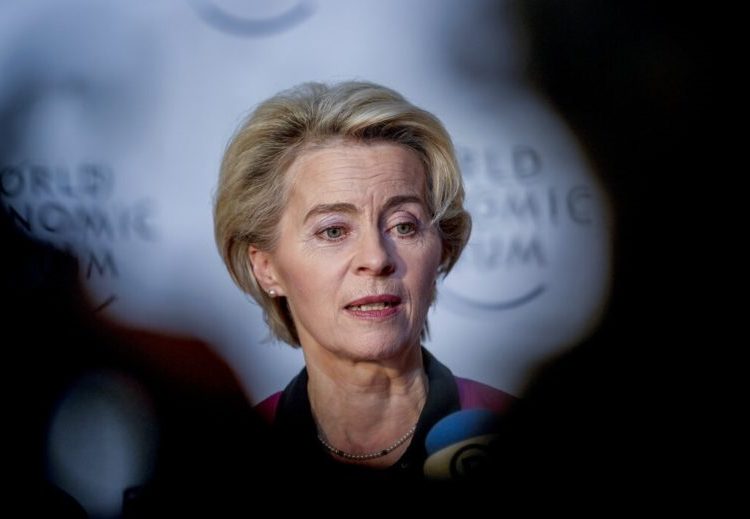EU Commission President Ursula von der Leyen talks to media people at the World Economic Forum in Davos, Switzerland Tuesday, Jan. 17, 2023. The annual meeting of the World Economic Forum is taking place in Davos from Jan. 16 until Jan. 20, 2023. (AP Photo/Markus Schreiber)