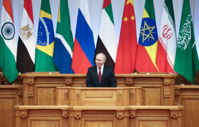 epa11472614 Russian President Vladimir Putin speaks at the plenary session of the 10th BRICS Parliamentary Forumin St.Petersburg, Russia, 11 July 2024. BRICS is an intergovernmental association of Brazil, the Russian Federation, the Republic of India, the People's Republic of China and the Republic of South Africa. EPA/VALERIY SHARIFULIN / SPUTNIK / KREMLIN POOL MANDATORY CREDIT