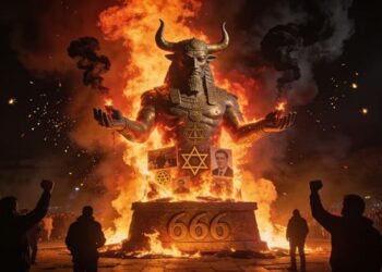 Σοκαριστικές Εικόνες από το Ιράν: Έκαψαν Άγαλμα του Βάαλ με Φωτογραφία Trump, Πεντάλφες, Σύμβολα του Ισραήλ, και τον Αριθμό 666