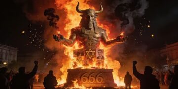 Σοκαριστικές Εικόνες από το Ιράν: Έκαψαν Άγαλμα του Βάαλ με Φωτογραφία Trump, Πεντάλφες, Σύμβολα του Ισραήλ, και τον Αριθμό 666