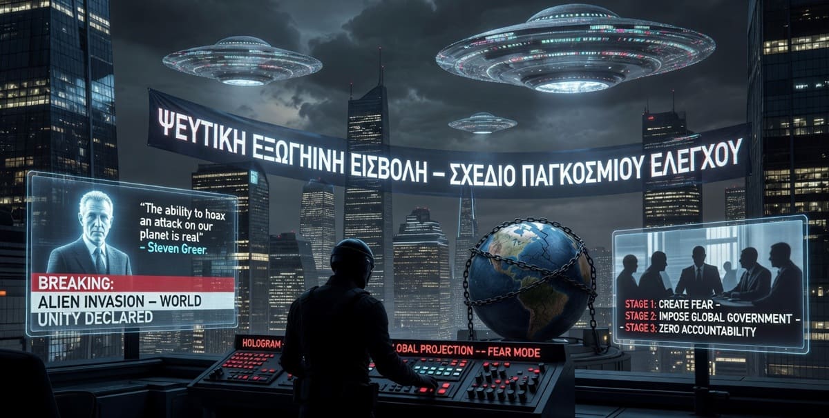 Steven Greer: Πράκτορες της κυβέρνησης ετοιμάζουν παγκόσμια ψεύτικη εξωγήινη εισβολή. Με Στόχο… Φόβο, μία παγκόσμια κυβέρνηση, και απόλυτη εξουσία χωρίς λογοδοσία»