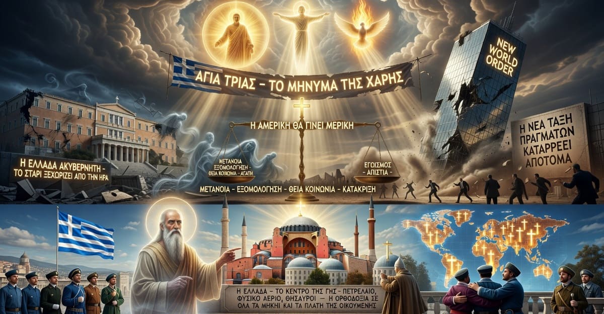 «Η Ελλάδα θα γίνει χώρα ακυβέρνητη» – Προφητικό μήνυμα της Αγίας Τριάδος: Η Νέα Τάξη καταρρέει απότομα, μεγάλη σύρραξη Ισραήλ-Τουρκίας, οι Ρώσοι δίνουν την Πόλη, και η Ελλάδα….