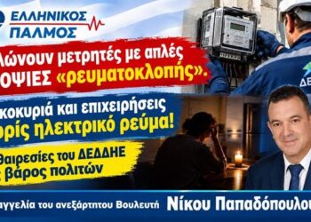 Ν. Παπαδόπουλος: «Ξηλώνουν μετρητές με απλές υποψίες, αφήνοντας νοικοκυριά και επιχειρήσεις χωρίς ηλεκτρικό ρεύμα. Αυθαιρεσίες του ΔΕΔΔΗΕ εις βάρος πολιτών.»